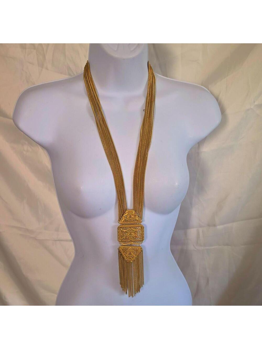 vintage Goldtone Multi-Strand Chain Necklace W Filigree Tassel Pendant Fringe